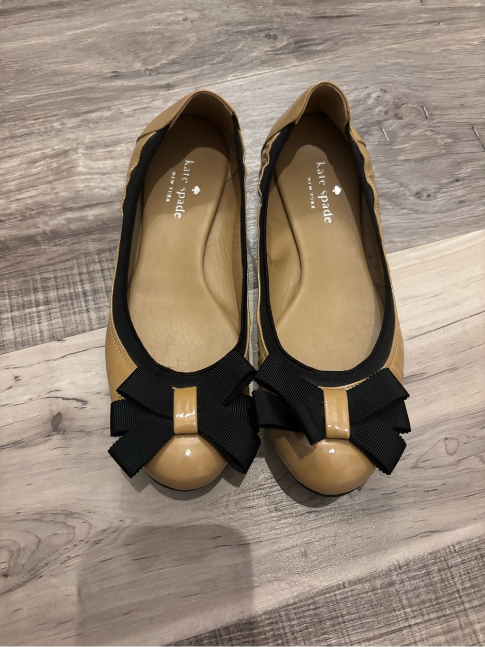 kate spade Tan Patent Ballet Flats with Black Ribbon Bow